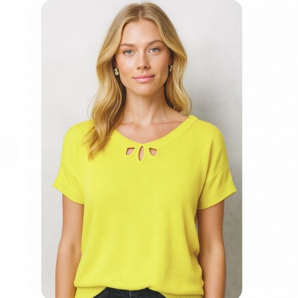 Anthropologie Moth Cutout Addie Sweater Tee Top Size Medium Yellow Cotton Linen - Picture 1 of 6
